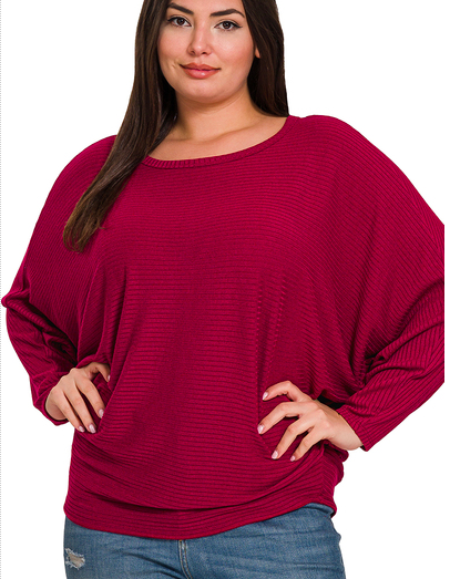 CABERNET RIBBED BATWING LONG SLEEVE SWEATER