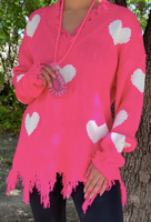 HOT PINK DISTRESSED SWEATER WITH HEART PRINT