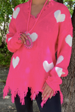 HOT PINK DISTRESSED SWEATER WITH HEART PRINT