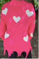 HOT PINK DISTRESSED SWEATER WITH HEART PRINT