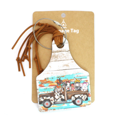 WOODEN CATTLE TAG WITH LEATHER TASSEL CAR CHARM