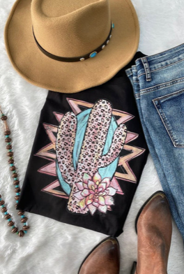 PINK LEO AND AZTEC CACTUS BLACK T SHIRT