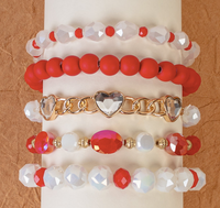 RED AND WHITE BEADED WITH HEART BRACELET SET