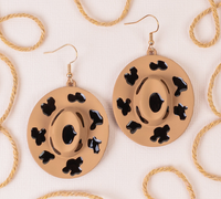 LIGHT BROWN COW PRINT COWBOY HAT EARRINGS