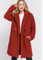RED LONG SLEEVE DOUBLE BREASTED TEDDY COAT