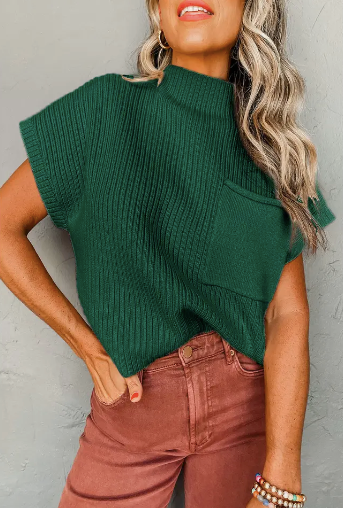 FOR3EST GREEN RIBBED SHORT SLEEVE SWEATER WITH POCKET
