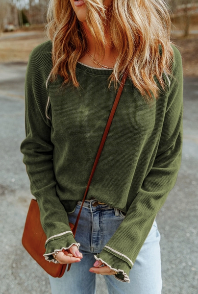 PICKLE GREEN WAFFLE LONG SLEEVE TOP