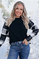 BLACK WITH SEQUINED BUFFALO PLAID SLEEVE TOP