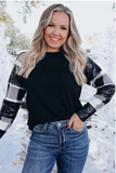 BLACK WITH SEQUINED BUFFALO PLAID SLEEVE TOP