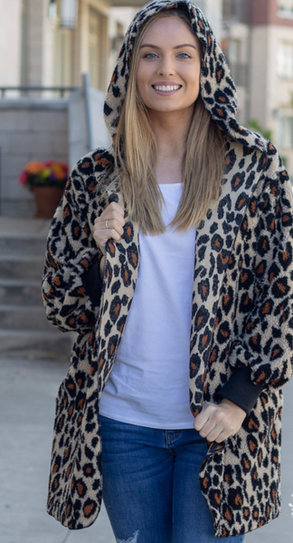 WRAP ME UP LEOPARD SHERPA JACKET WITH HOOD S/M