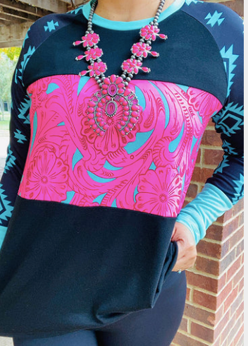 BLACK AND PAISLEY PINK AZTEC TOP