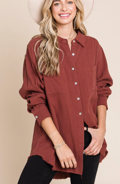 RED BROWN GAUZE BUTTON DOWN LONG SLEEVE BLOUSE X
