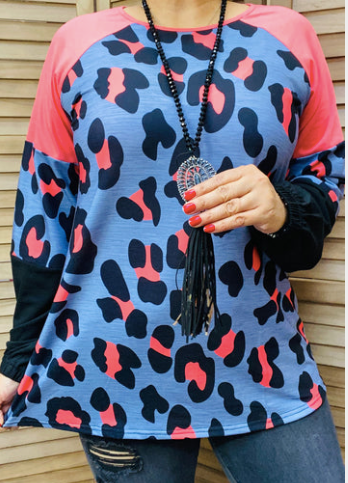 CORAL BLUE AND BLACK LEOPARD LONG SLEEVE TOP