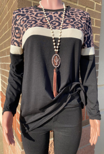 LEOPARD CREAM AND BLACK LONG SLEEVE TOP