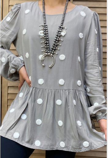 GREY WITH WHITE POLKA DOTS FLOWY LONG SLEEVE TOP