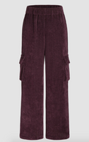 WINE CRUSHED SOFT CORDUROY RIBBED  WIDE LEG CARGO PANTS