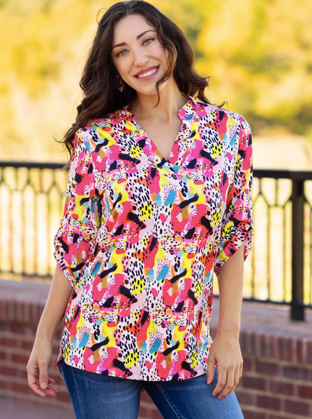 MULTI COLOR LEOPARD 3/4 SLEEVE V NECK TOP