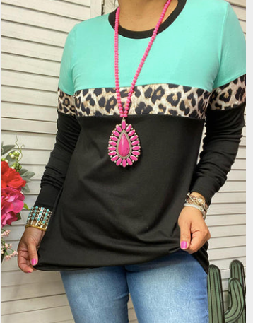 MINT LEOPARD AND BLACK COLOR BLOCK LONG SLEEVE TOP