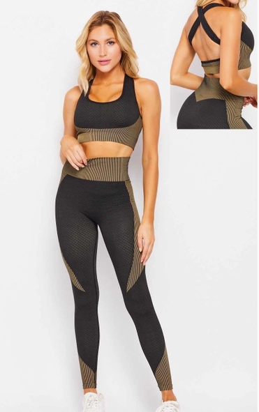 BLACK AND KHAKI CROSS BACK BRA LEGGINGS SET