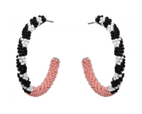 BLACK WHITE AND PEACH SEED BEAD HOOP EARRINGS