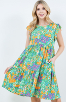 GREEN MULTI COLOR FLORAL RUFFLE DRESS