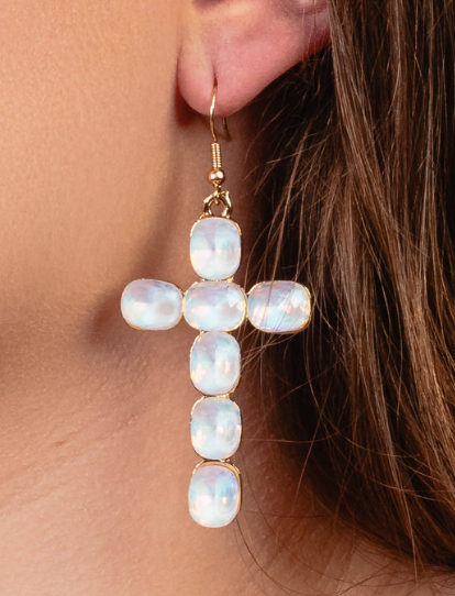 WHITE OPAL CROSS EARRINGS