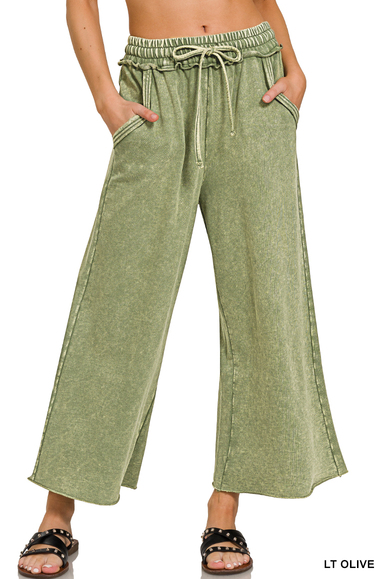 LT OLIVE WASHED FRENCH TERRY PALAZZO PANTS
