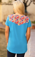 TURQUOISE TOP WITH ABSTRACT PRINTED ACCENTS