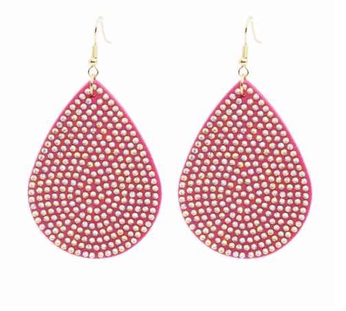 FUCHSIA TEARDROP WITH FULL RHINESTONE FRONT EARRINGS