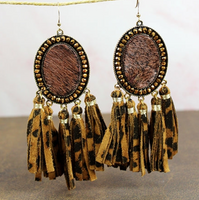 BROWN RUST HIDE WITH LEOPARD TASSEL EARRINGS