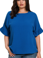 LT NAVY WOVEN RUFFLE SLEEVE TOP X