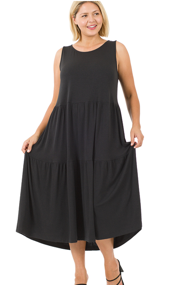 BLACK TIERED MIDI DRESS X