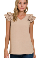 LT MOCHA WOVEN RUFFLE SLEEVE TANK TOP
