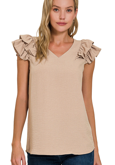 LT MOCHA WOVEN RUFFLE SLEEVE TANK TOP