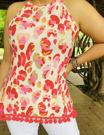 MULTI FLORAL HALTER TOP WITH FUCHSIA POMPOM DETAIL