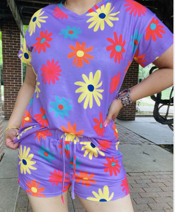 PURPLE FLOWER SHORT AND TOP SET