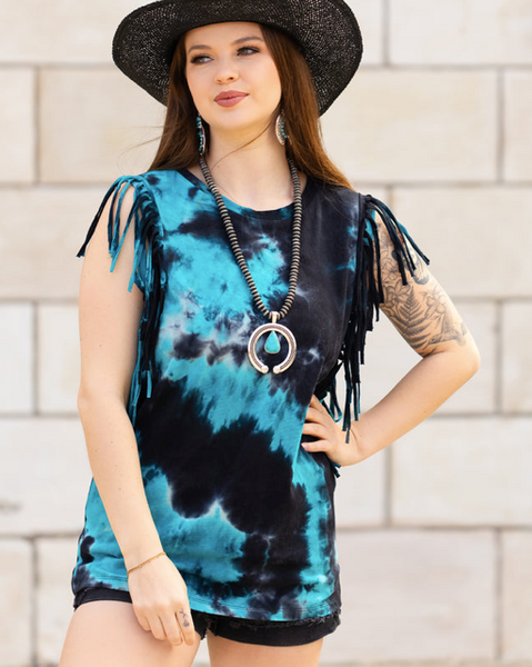 TURQUOISE ACID WASH FRINGE TOP