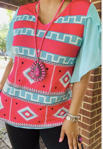 AZTEC BLUE AND FUCHSIA PRINTED TOP