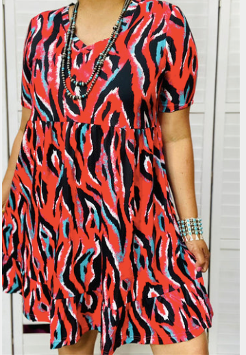 RED BLUE BLACK ANIMAL PRINT RUFFLE DRESS