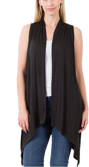 BLACK DRAPED SLEEVE LESS CARDIGAN VEST