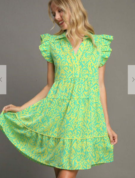 LIME AND MINT PRINTED FRILLY DRESS