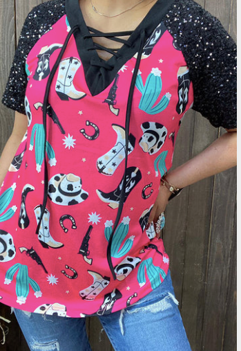 WESTERN PRINT AND SEQUIN TOP