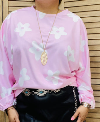 WHITE FLORAL BABY PINK DOLMAN SLEEVE BLOUSE