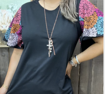 BLACK WITH MULTICOLOR EMBROIDERED SLEEVE TOP