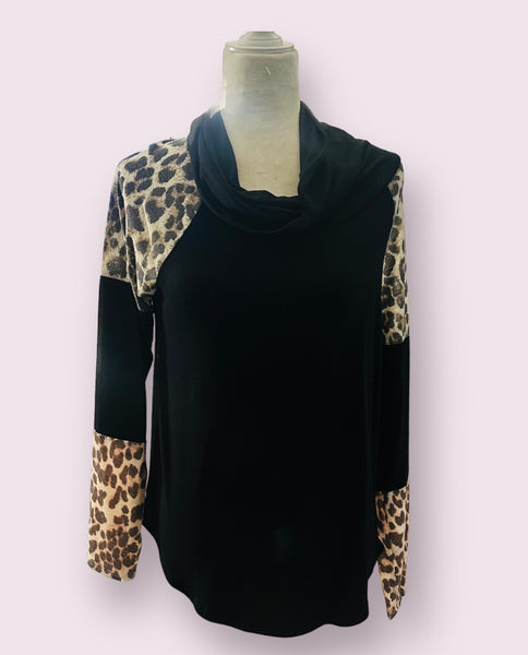 BLACK AND LEO COLOR BLOCK HOODIE TOP