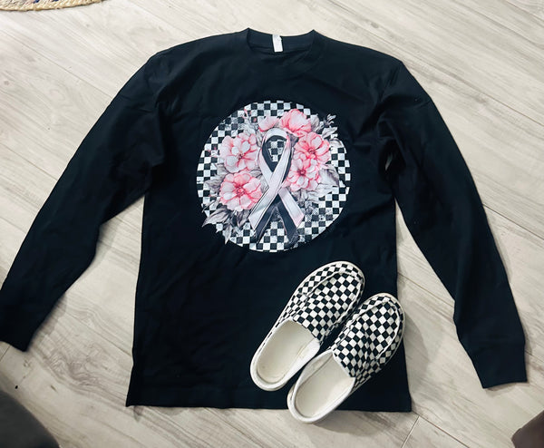 CHECKER FLORAL BREAST CANCER BLACK LONG SLEEVE T SHIRT