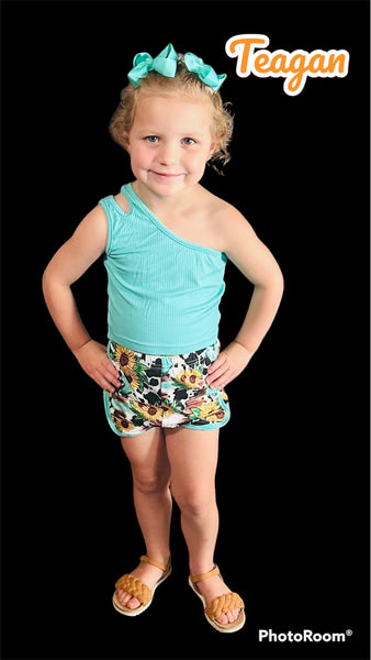 KID'S TURQUOISE ONE SHOULDER TOP AND COW PRINT SUNFLOWER SHORT SET