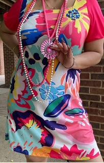Multi color floral print dress with pink short sleeves