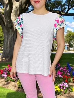 White Dot Top with Floral Flutter Sleeves