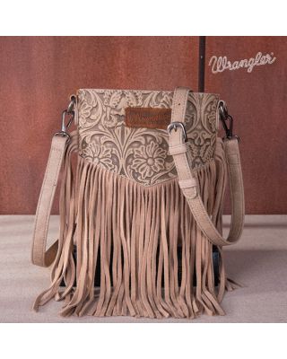 Wrangler Vintage Floral Embossed Fringe Khaki Crossbody